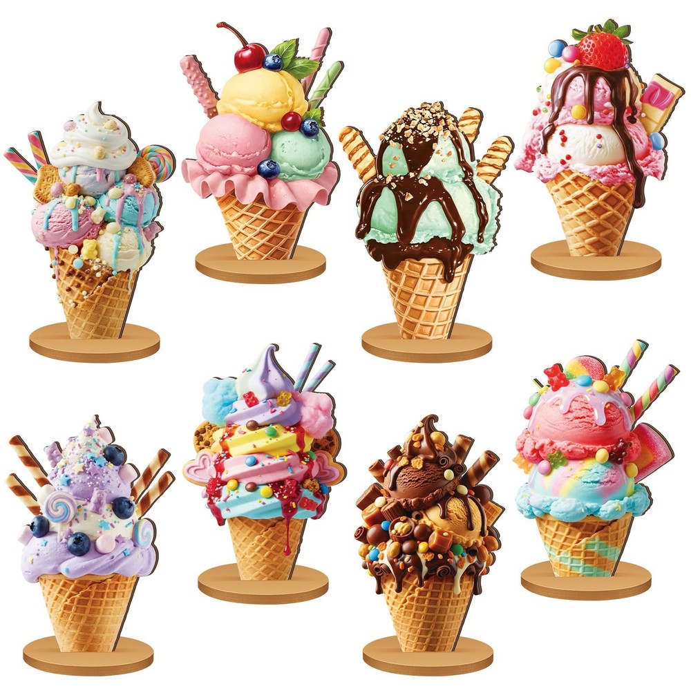 8 Pcs Summer Ice Cream Table Decorations Wooden Ice Cream Cone Table Centerpi…