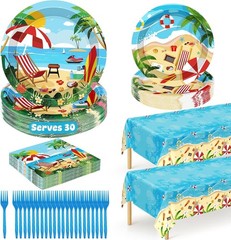 Complete 122PCS Summer Tableware Set: Tropical Plates, Forks & Tablecloth for 30