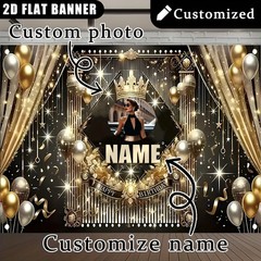 1pc 2D Golden Crown Theme Personalized Custom Birthday Banner Backdrop Decor♪