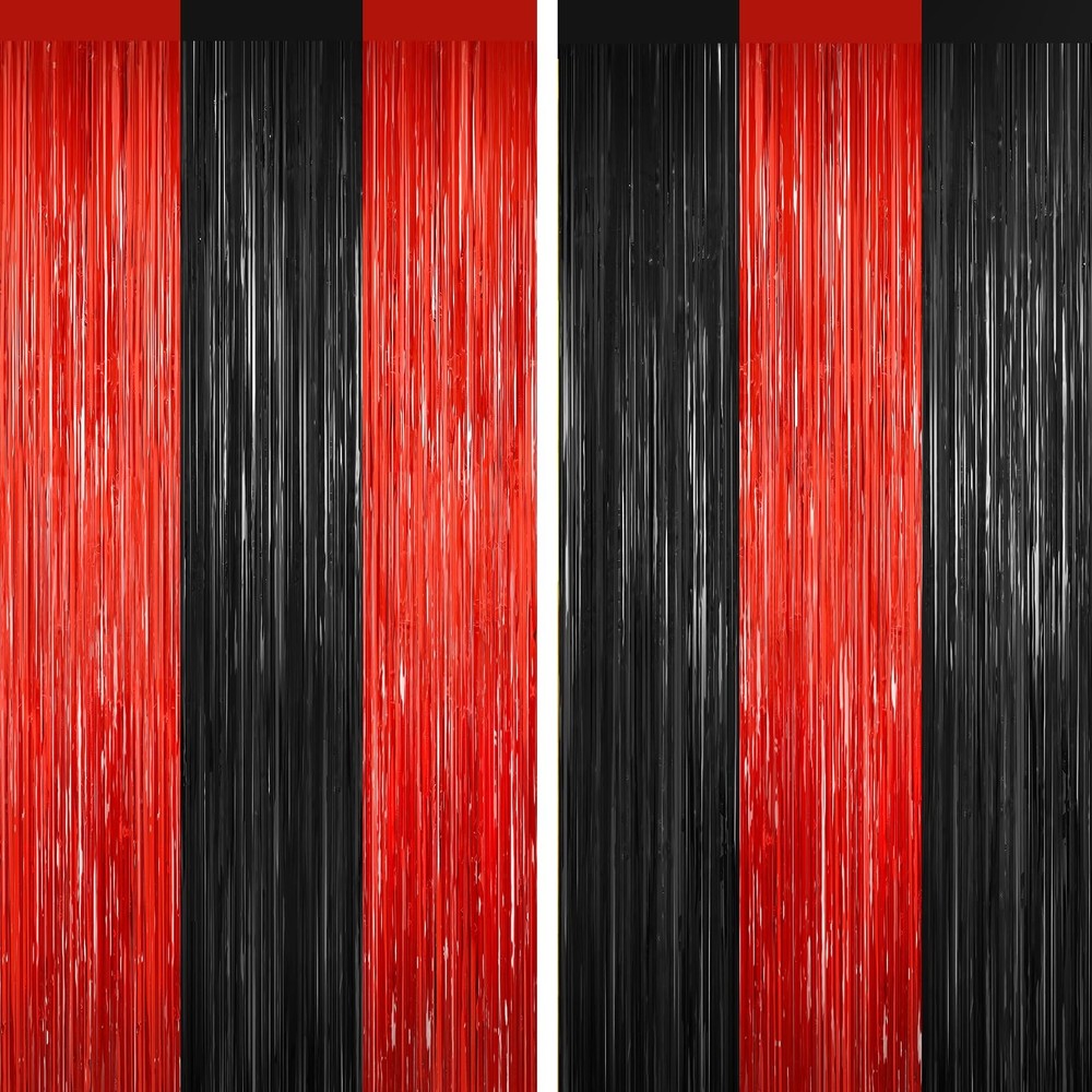 2 PCS Black Red Tinsel Backdrop Foil Fringe Curtains Door Streamers Decor