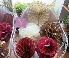 Burgundy Gold Birthday Party Decorations – 6pcs Tissue Pom Poms (10in, 12in)