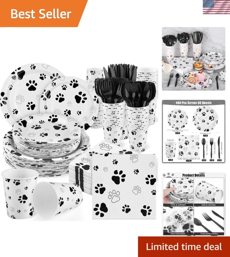 400-Piece Black Paw Print Tableware Set for 50 Guests – Perfect Party Supplies