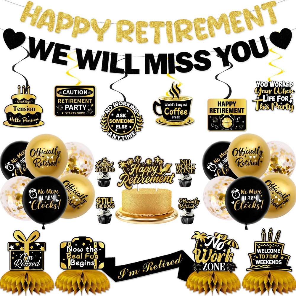 Retirement Party Decorations Men Women, Black Gold Happy Retirement Decorations,