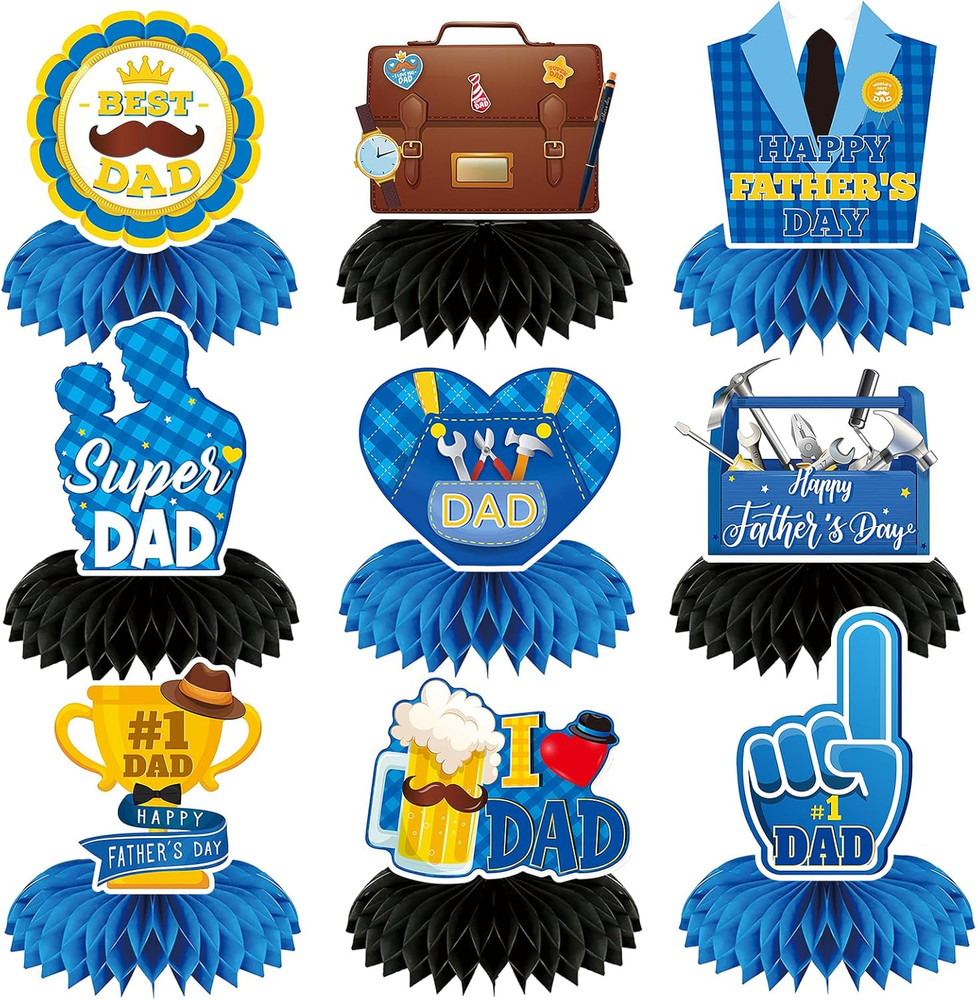 9 Pcs Father’S Day Decorations, Double Sided Happy Fathers Day Honeycomb