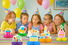 Birthday Party 9 Piece Decorations Set with Honeycomb Centerpiece, Colorful Tabl