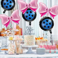 16Pcs Pink Aluminum Foil Balloons, 18″ Wheels & Bow Balloons Set for Gender Reve