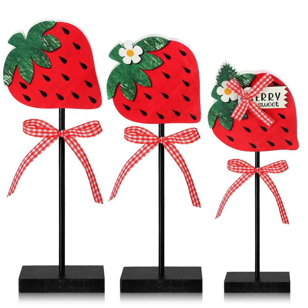 3 Pcs Strawberry Centerpieces, Wooden Standing Block, Rustic, Summer, Party