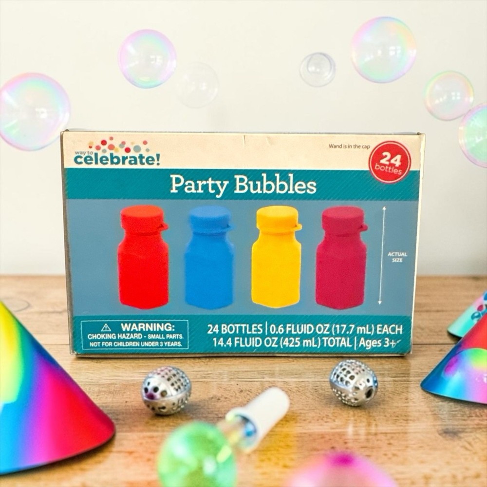 Party Bubbles 24 Bottles With the Wand In The Cap -4 Colors 0.6 Fluid Ounces
