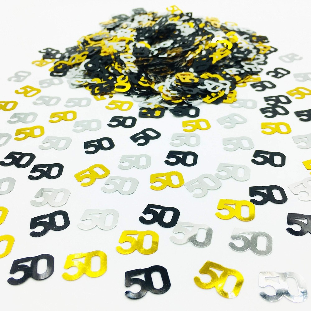 Number 50 Metallic Confetti Gold Black Silver Birthday Anniversary Table Decor