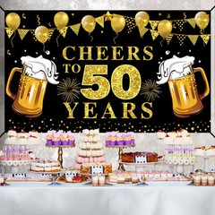 Cheers to 50 Years Banner Backdrop, Black Gold Happy 50th Birthday Decoration…