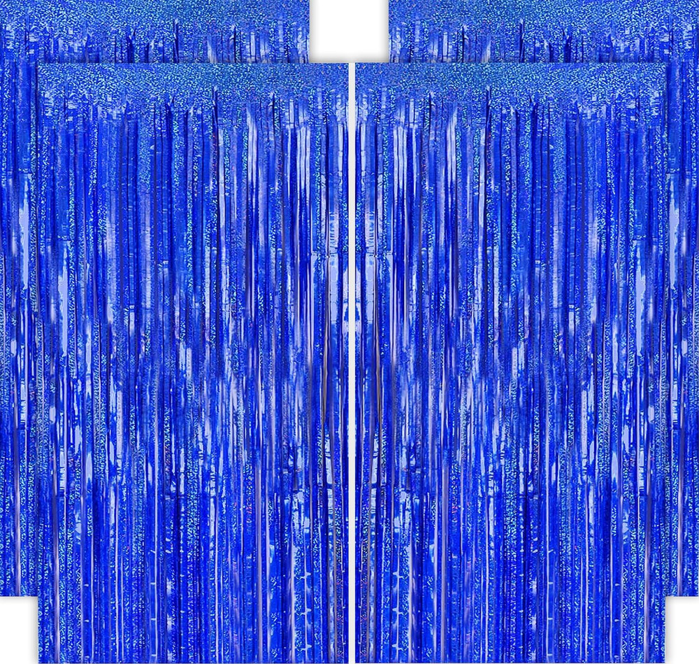 4 Pack Blue Fringe Backdrop 12.8X8.2 Feet Sparkle Metallic Tinsel Foil Fringe Cu