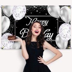 Sumind Black Silver Happy Birthday Banner Backdrop Party Decoration for Men Wome