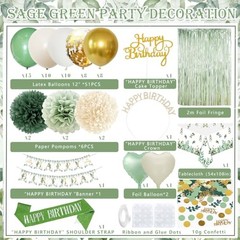 Birthday Decorations Set Party Decoration with Balloons, Banner, Pom Sage Green