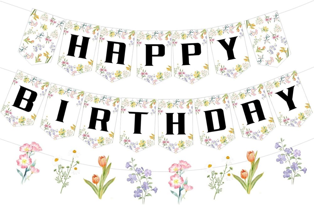 Spring Flower Birthday Decorations Banner Set, Floral Pink