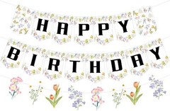 Spring Flower Birthday Decorations Banner Set, Floral Pink