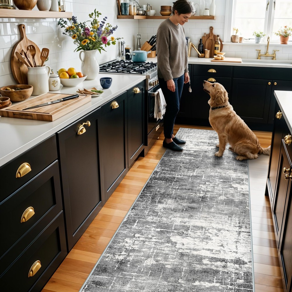Washable 2X10 Kitchen Area Rug: Entryway 2′ x 10′ (Rectangular), Black/Grey