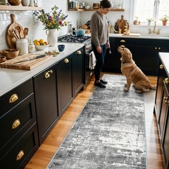 Washable 2X10 Kitchen Area Rug: Entryway 2′ x 10′ (Rectangular), Black/Grey