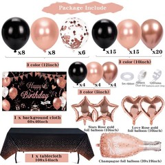 Rose Gold and Black Birthday Decorations – 1 Backdrop, 1 Tablecloth, 84