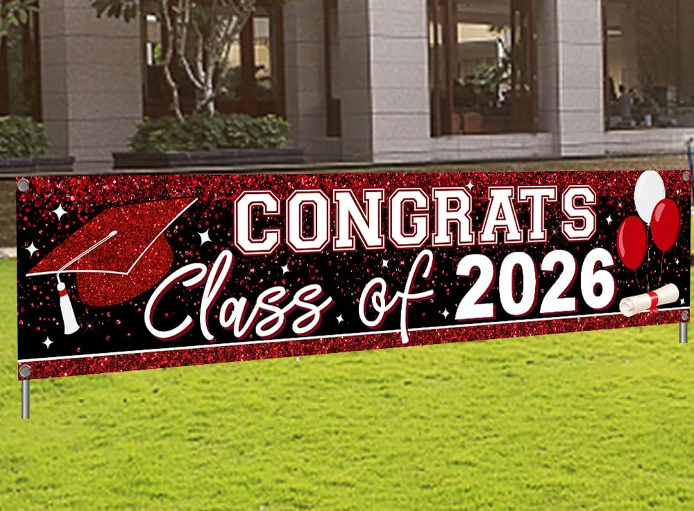 Large Congrats Class of 2026 Banner Red Backdrop Graduation 2026 Yard Sign fo