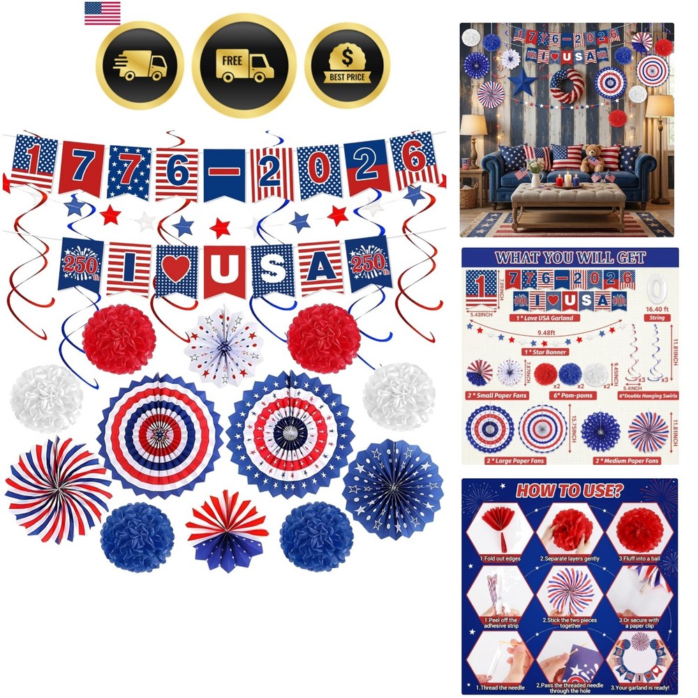 20PC Patriotic Decor Set: Paper Fans, Pom Poms, Swirls & Banners for July 4th