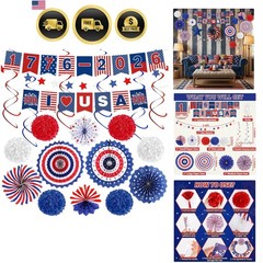 20PC Patriotic Decor Set: Paper Fans, Pom Poms, Swirls & Banners for July 4th