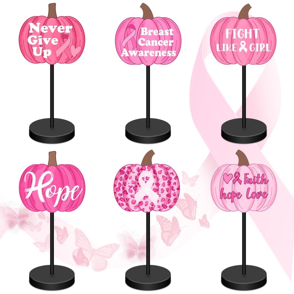 6Pcs Breast Cancer Awareness Wooden Table Centerpiece Breast Cancer Table Top…