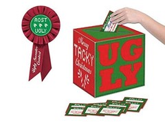 Ugly Christmas Sweater Contest Kit Voting Box Ribbon Trophy Prize Party Decor
