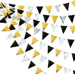 Black Gold Silver Party Decoration Triangle Pennant Banner Flag Metallic Fabr…
