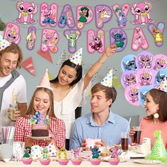 Lilo & Stitch Birthday Party Decorate Supplies Set，Balloon Banner Cake Toppers