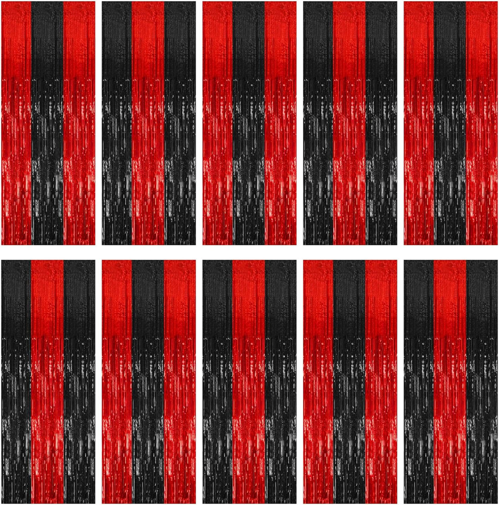 10 Pack Black and Red Party Backdrop Streamers Decorations Foil Fringe Curtains