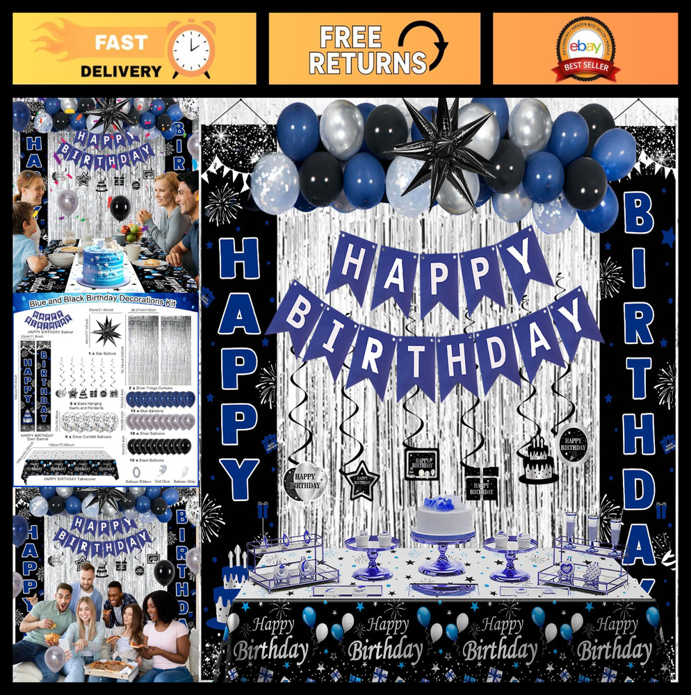 Blue & Black Birthday Party Decorations – Balloons, Banner, Tablecover, Fringe C