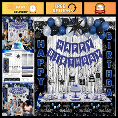 Blue & Black Birthday Party Decorations – Balloons, Banner, Tablecover, Fringe C