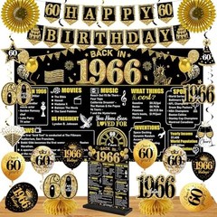 60th Birthday Decorations Kit – 24PCS Black Gold Vintage 1966 Banner, Balloons &