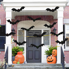 12PCS Halloween Hanging Bat Decorations with Glowing Eyes, Spooky Realistic Hall