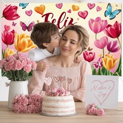 Happy Mothers Day Banner Backdrop Decorations 71 x 43Inch Yujin Flower Butterfly