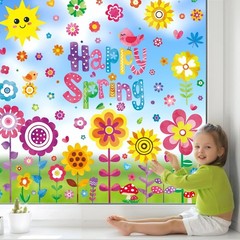 8 Sheets Spring Flowers Window Clings, Happy Spring Flower Bird Stickers Colorfu