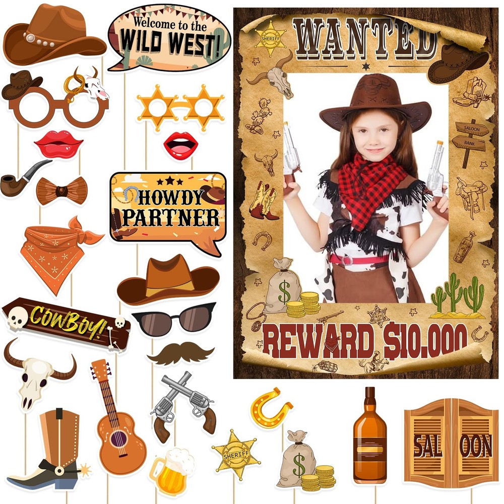 West Wanted Photo Booth Props Selfie Frames & 25 Pieces Western Photo Booth P…