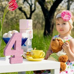 1 PCS Pink Glitter Number 4 Wooden Table Centerpiece Birthday Decor 7.8 Inch