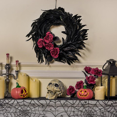 13.5″ Black Natural Feathers Wreath for Halloween Decorations, Spooky Scene Part