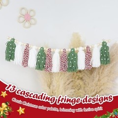 Christmas Wood Bead Tassel Garland, Bohemian Xmas Green+brown+red+white
