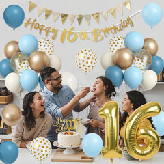 Sweet 16Th Birthday Decorations for Boys Girls, Dusty Blue Cream White Gold 16