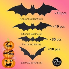 60 PCS Halloween Bats Decoration, 4 Different Sizes Realistic PVC Black 3D Sc…
