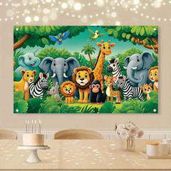 Jungle Animal Birthday Backdrop 71 X 43 Inch Safari Zoo Cartoon Banner with Lion