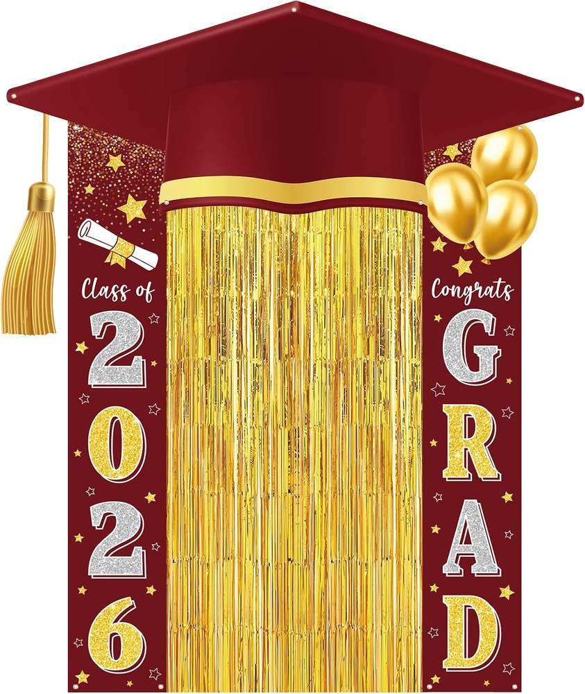 2026 Maroon Gold Graduation Party Decorations Grad Door Banner Sign with Metalli
