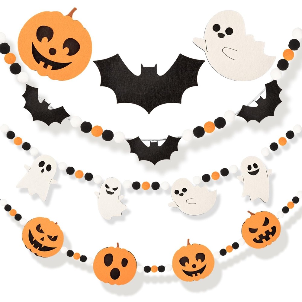 24.6Ft Felt Banner – Cute Pumpkin Ghosts Expressions Bat Pom Pom Garlands – H…