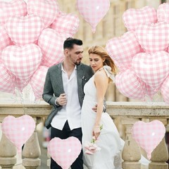 Pink White Checkered Heart Balloons, 10 Pcs Light Pink Grid Heart Shape Ballo…