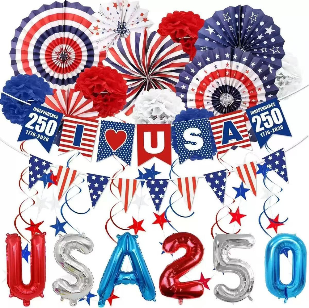 45Pcs 4Th of July Patriotic Decorations Set, LOVE USA Banner, Red White Blue Pap