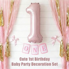 Pink 1 Balloon (40 Inch) & Bow One Highchair Banner (Pre-Strung) for 1st Birt…