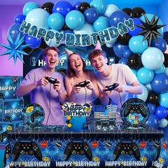 Blue Gamer Party Decorations Set for 20 Boys Video Game Theme Party Supplies