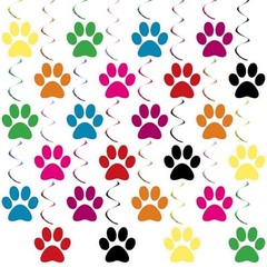 24 Pcs Dog Paw Prints Themed Party Hanging Swirl 8 Colors Puppy Multicolor